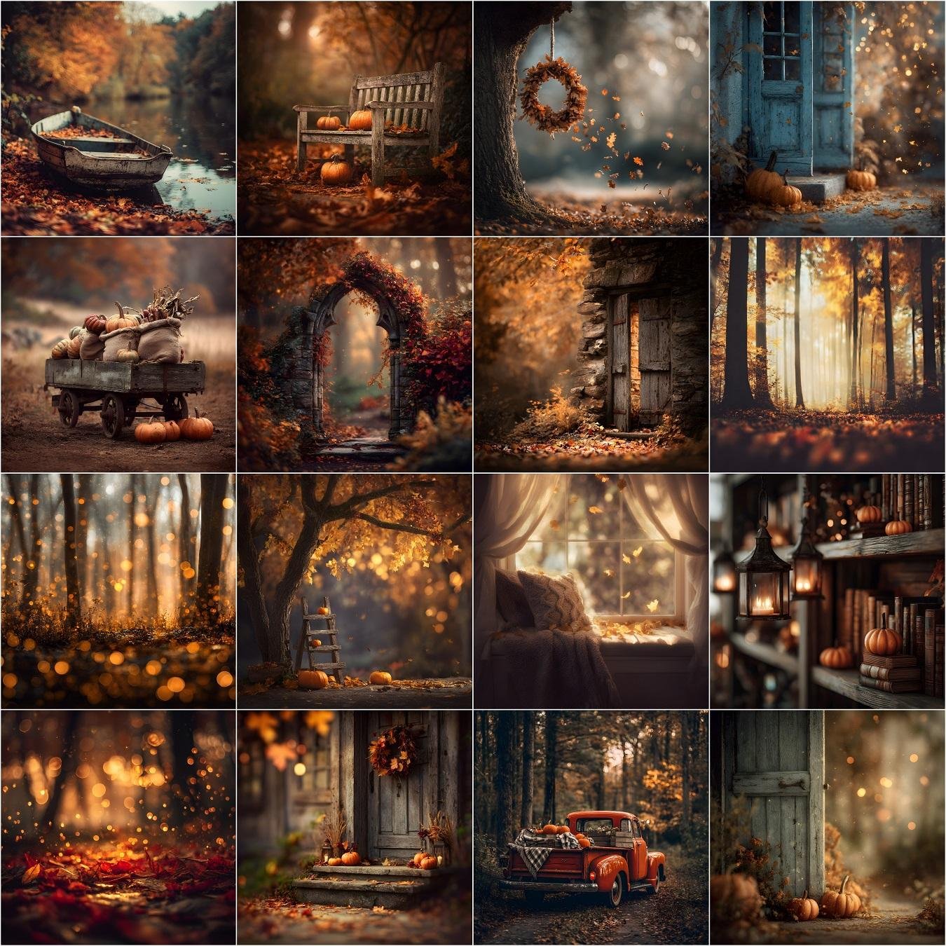 Autumn digital backdrops and fall photography backgrounds bundle featuring 150 rustic fall scenes with pumpkin patch, forest path, barn, vintage truck, fall leaves, bokeh overlays, and maternity and wedding photography backdrops, instant digital download.