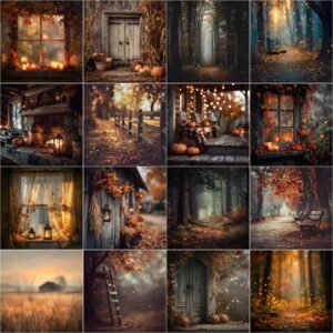 Autumn digital backdrops and fall photography backgrounds bundle featuring 150 rustic fall scenes with pumpkin patch, forest path, barn, vintage truck, fall leaves, bokeh overlays, and maternity and wedding photography backdrops, instant digital download.