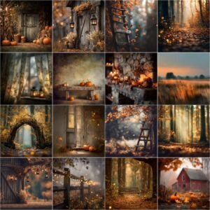Autumn digital backdrops and fall photography backgrounds bundle featuring 150 rustic fall scenes with pumpkin patch, forest path, barn, vintage truck, fall leaves, bokeh overlays, and maternity and wedding photography backdrops, instant digital download.