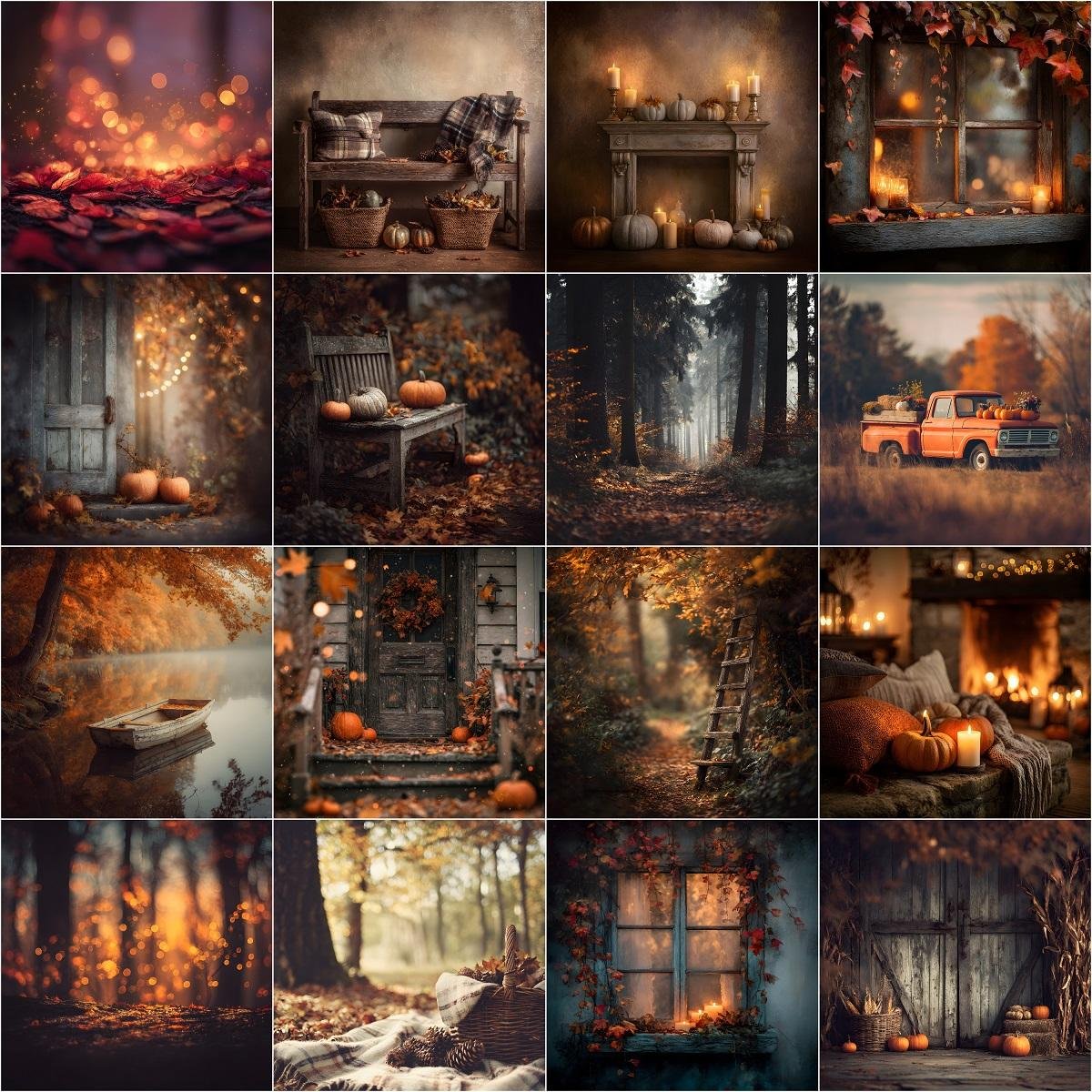 Autumn digital backdrops and fall photography backgrounds bundle featuring 150 rustic fall scenes with pumpkin patch, forest path, barn, vintage truck, fall leaves, bokeh overlays, and maternity and wedding photography backdrops, instant digital download.