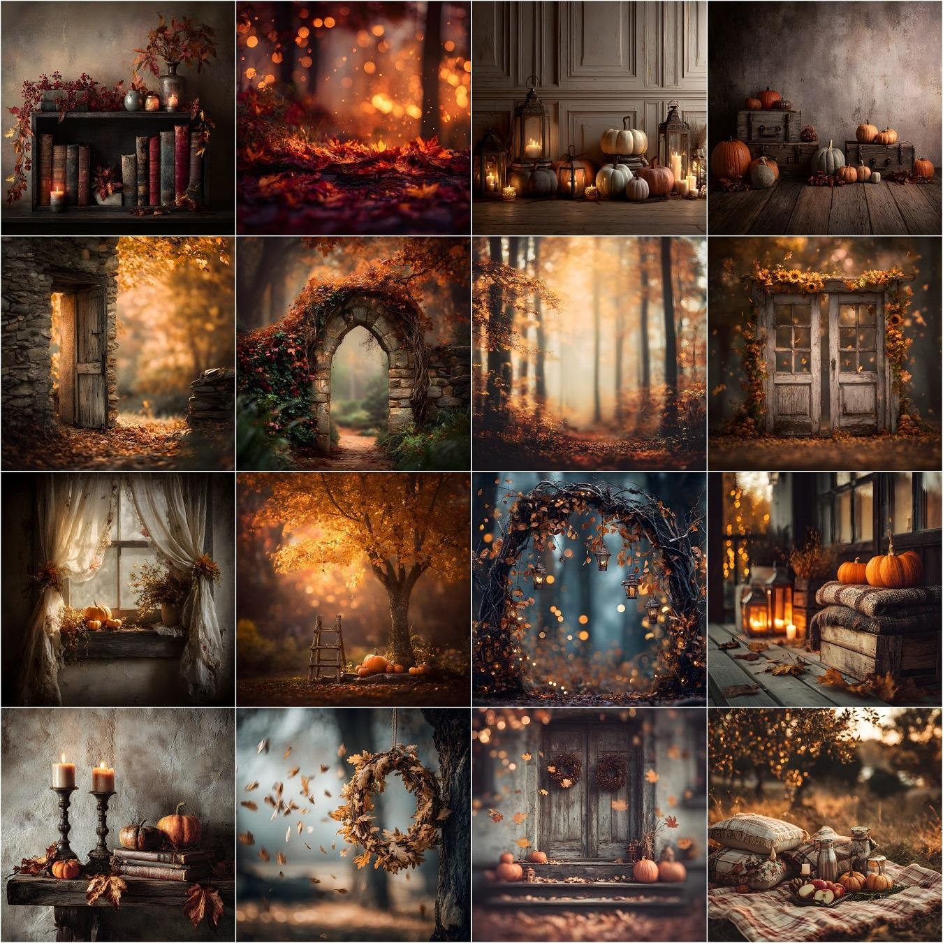 Autumn digital backdrops and fall photography backgrounds bundle featuring 150 rustic fall scenes with pumpkin patch, forest path, barn, vintage truck, fall leaves, bokeh overlays, and maternity and wedding photography backdrops, instant digital download.