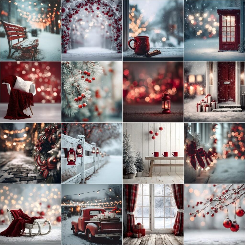 60 Holiday Christmas digital backdrops featuring cozy winter studio photo backgrounds and blurred Christmastime scenes, perfect for portraits, photography, and photo editing.