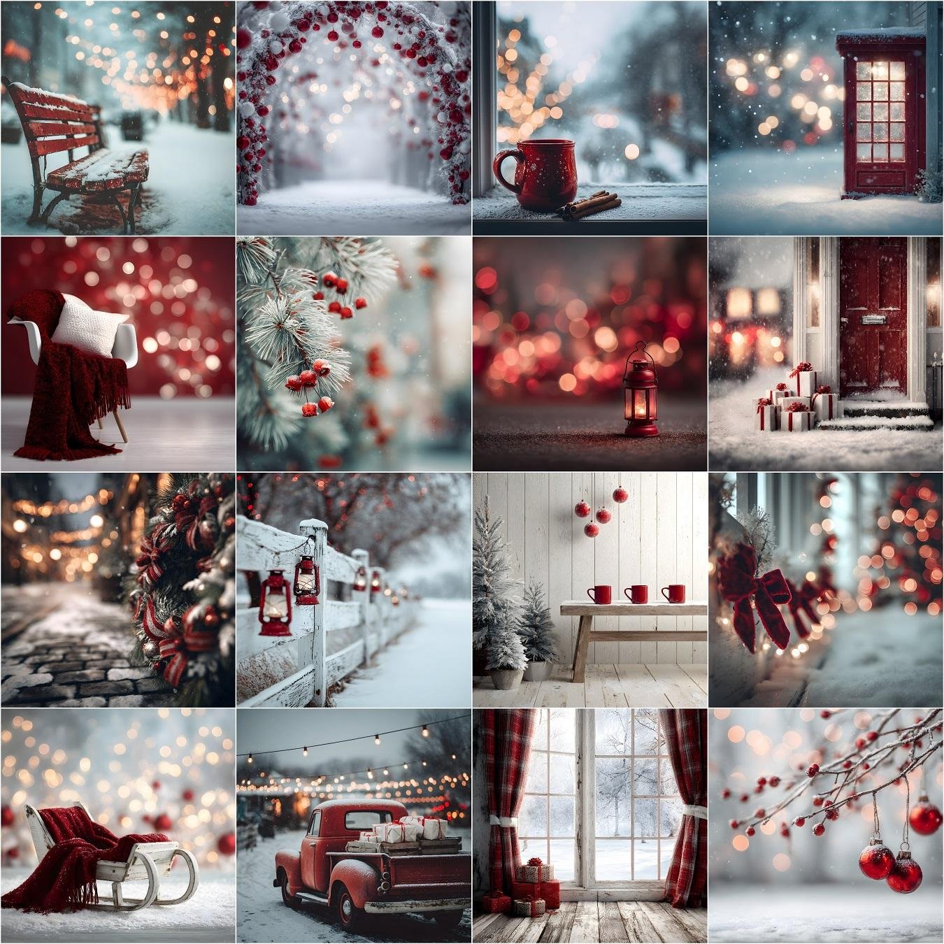 60 Holiday Christmas digital backdrops featuring cozy winter studio photo backgrounds and blurred Christmastime scenes, perfect for portraits, photography, and photo editing.