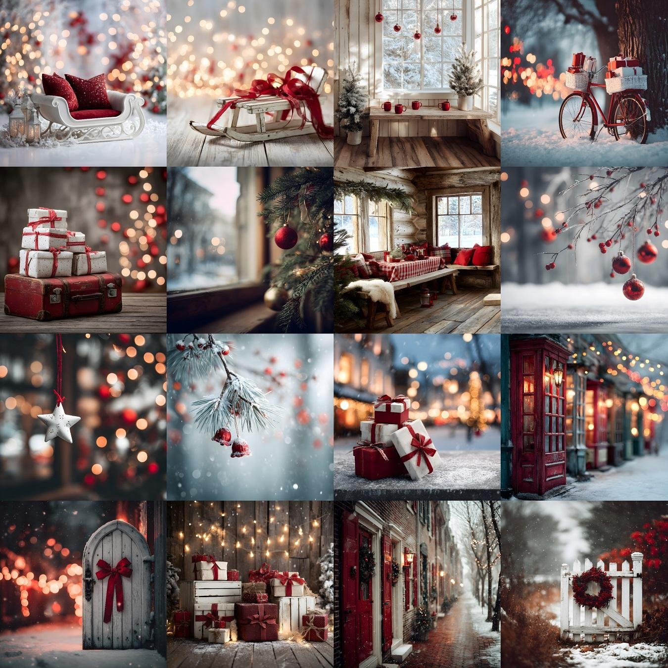 60 Holiday Christmas digital backdrops featuring cozy winter studio photo backgrounds and blurred Christmastime scenes, perfect for portraits, photography, and photo editing.