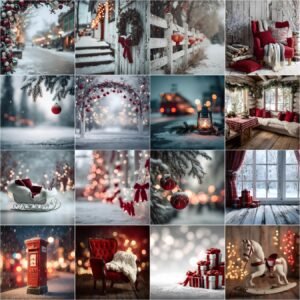 60 Holiday Christmas digital backdrops featuring cozy winter studio photo backgrounds and blurred Christmastime scenes, perfect for portraits, photography, and photo editing.