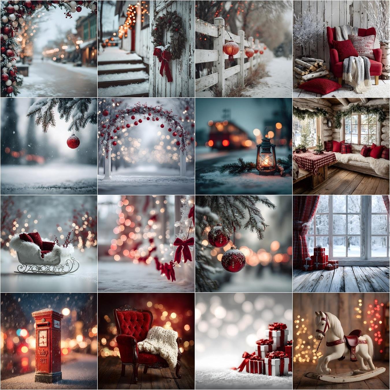 60 Holiday Christmas digital backdrops featuring cozy winter studio photo backgrounds and blurred Christmastime scenes, perfect for portraits, photography, and photo editing.