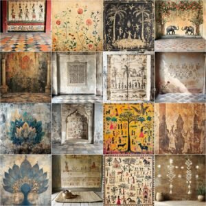 Set of 65 Indian ethnic fine art digital backdrops featuring Old Master traditional studio photography textures, ideal for maternity and portrait photography, instant digital download.