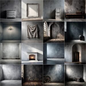 Collage preview of 90 Old Master studio backgrounds and grey digital photography backdrops, featuring fine art textures, portrait overlays, and elegant studio backgrounds for maternity and wedding photography, instant digital download.