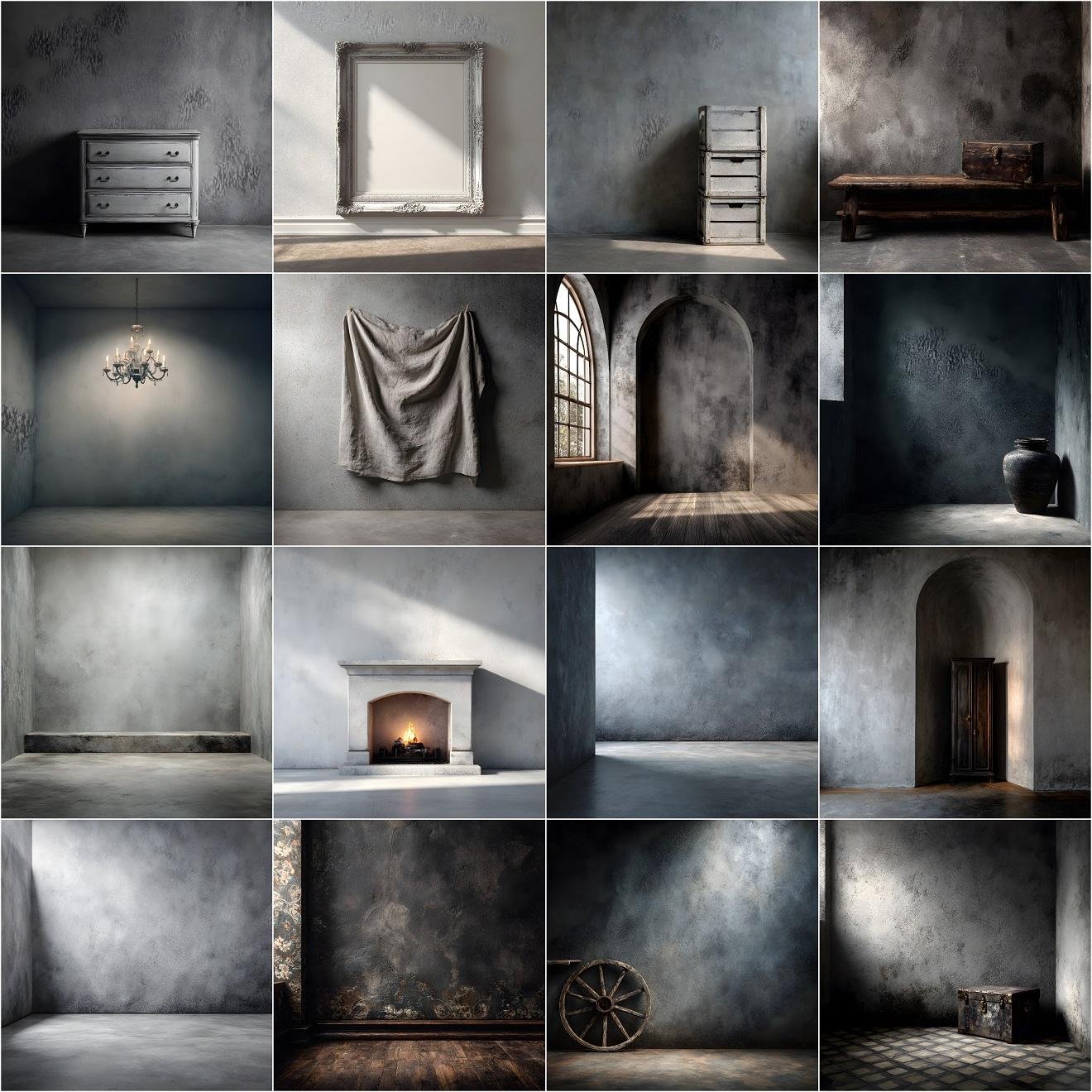 Collage preview of 90 Old Master studio backgrounds and grey digital photography backdrops, featuring fine art textures, portrait overlays, and elegant studio backgrounds for maternity and wedding photography, instant digital download.