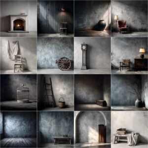 Collage preview of 90 Old Master studio backgrounds and grey digital photography backdrops, featuring fine art textures, portrait overlays, and elegant studio backgrounds for maternity and wedding photography, instant digital download.