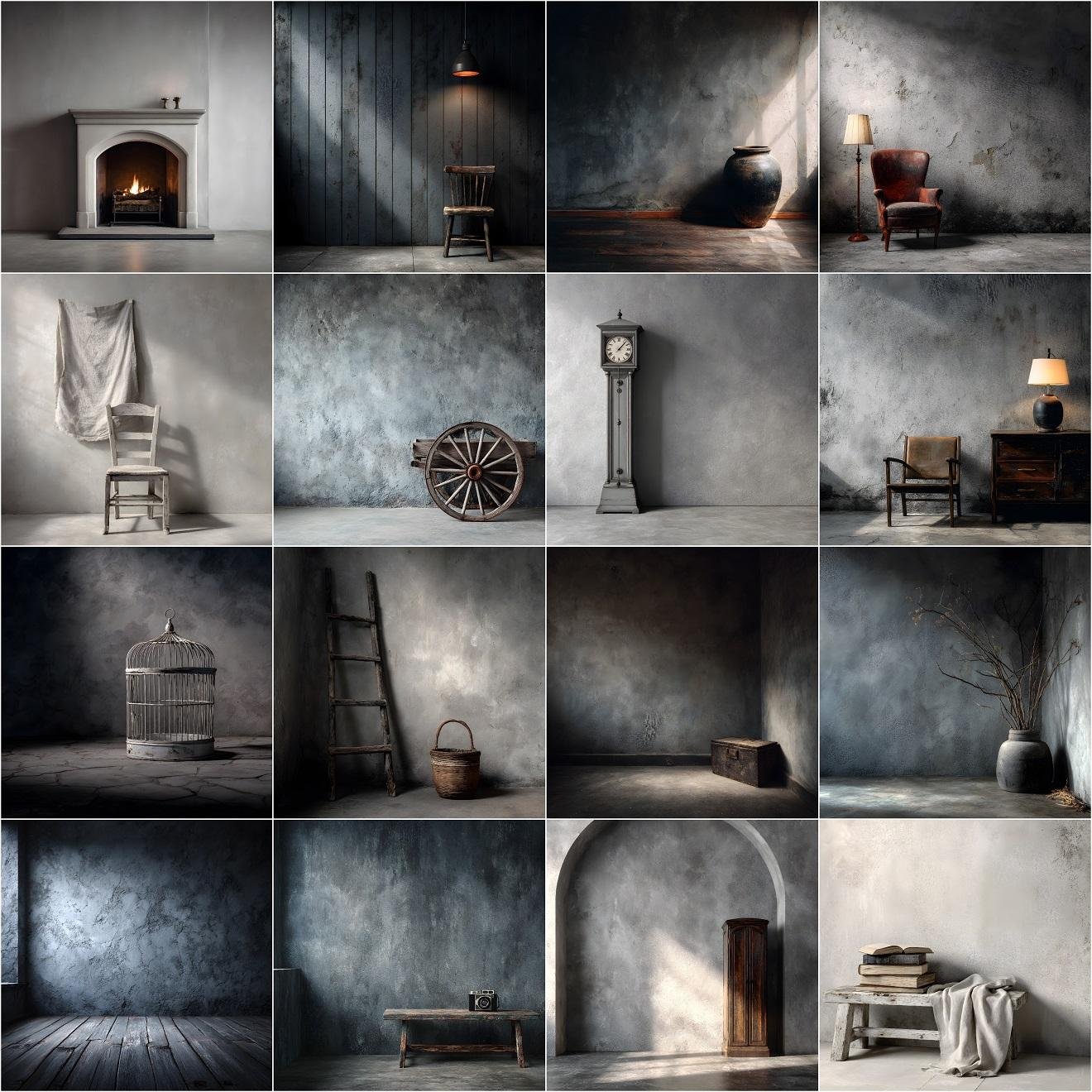 Collage preview of 90 Old Master studio backgrounds and grey digital photography backdrops, featuring fine art textures, portrait overlays, and elegant studio backgrounds for maternity and wedding photography, instant digital download.