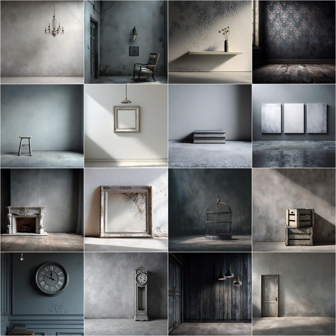 Collage preview of 90 Old Master studio backgrounds and grey digital photography backdrops, featuring fine art textures, portrait overlays, and elegant studio backgrounds for maternity and wedding photography, instant digital download.