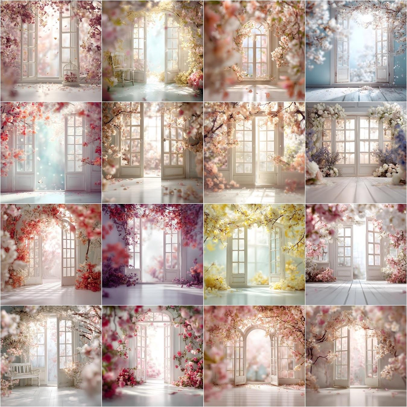 Backlit French doors digital backdrops bundle with 100 floral studio backgrounds and overlays, designed for maternity, wedding, and newborn photography portraits, instant digital download.
