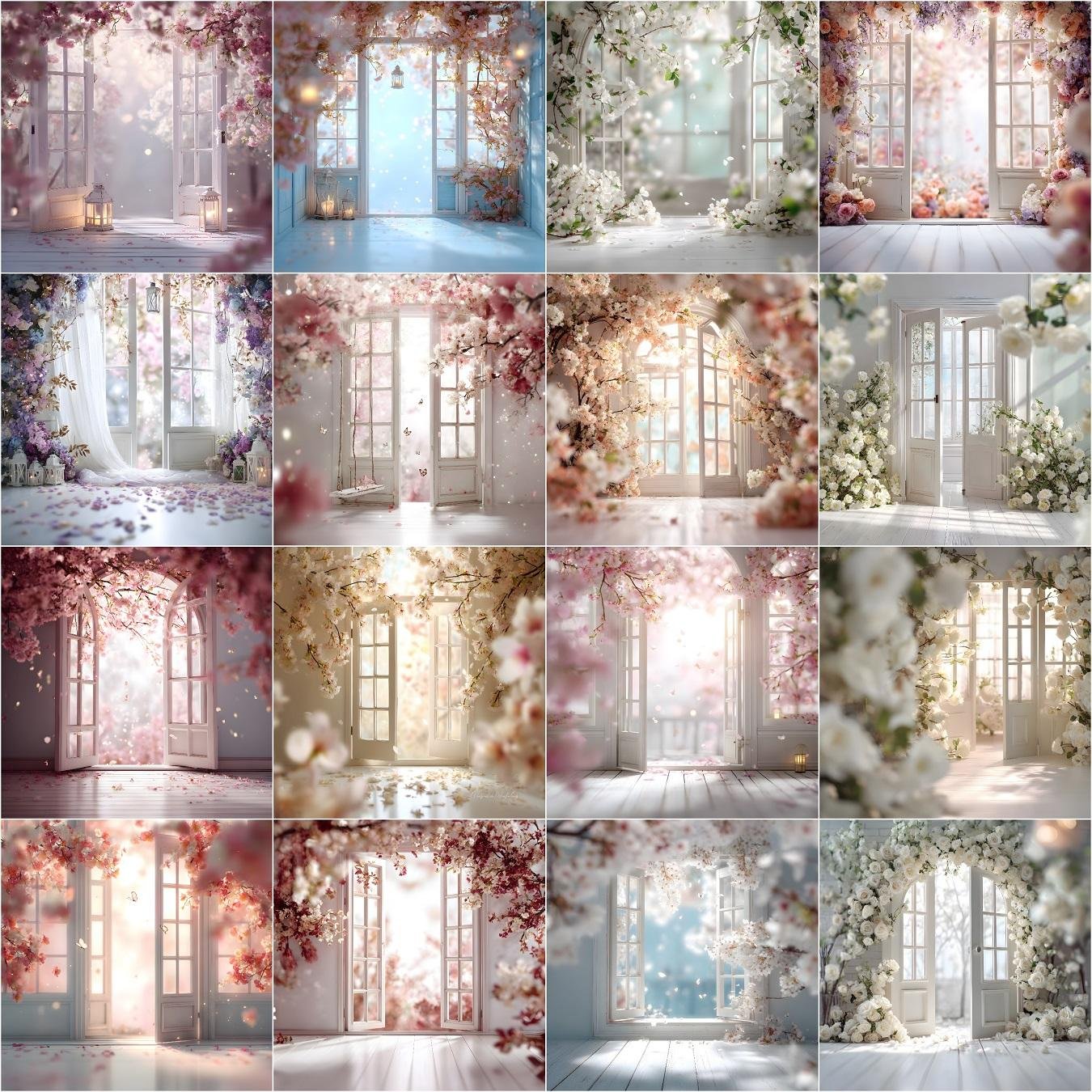 Backlit French doors digital backdrops bundle with 100 floral studio backgrounds and overlays, designed for maternity, wedding, and newborn photography portraits, instant digital download.