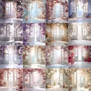 Backlit French doors digital backdrops bundle with 100 floral studio backgrounds and overlays, designed for maternity, wedding, and newborn photography portraits, instant digital download.