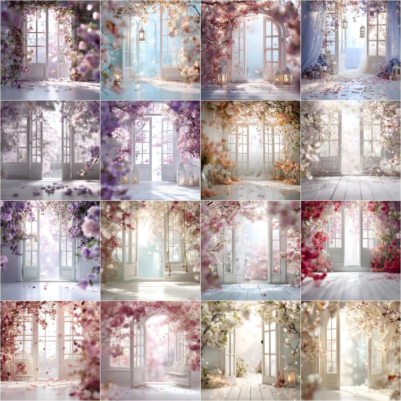 Backlit French doors digital backdrops bundle with 100 floral studio backgrounds and overlays, designed for maternity, wedding, and newborn photography portraits, instant digital download.