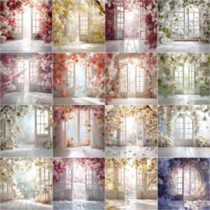 Backlit French doors digital backdrops bundle with 100 floral studio backgrounds and overlays, designed for maternity, wedding, and newborn photography portraits, instant digital download.