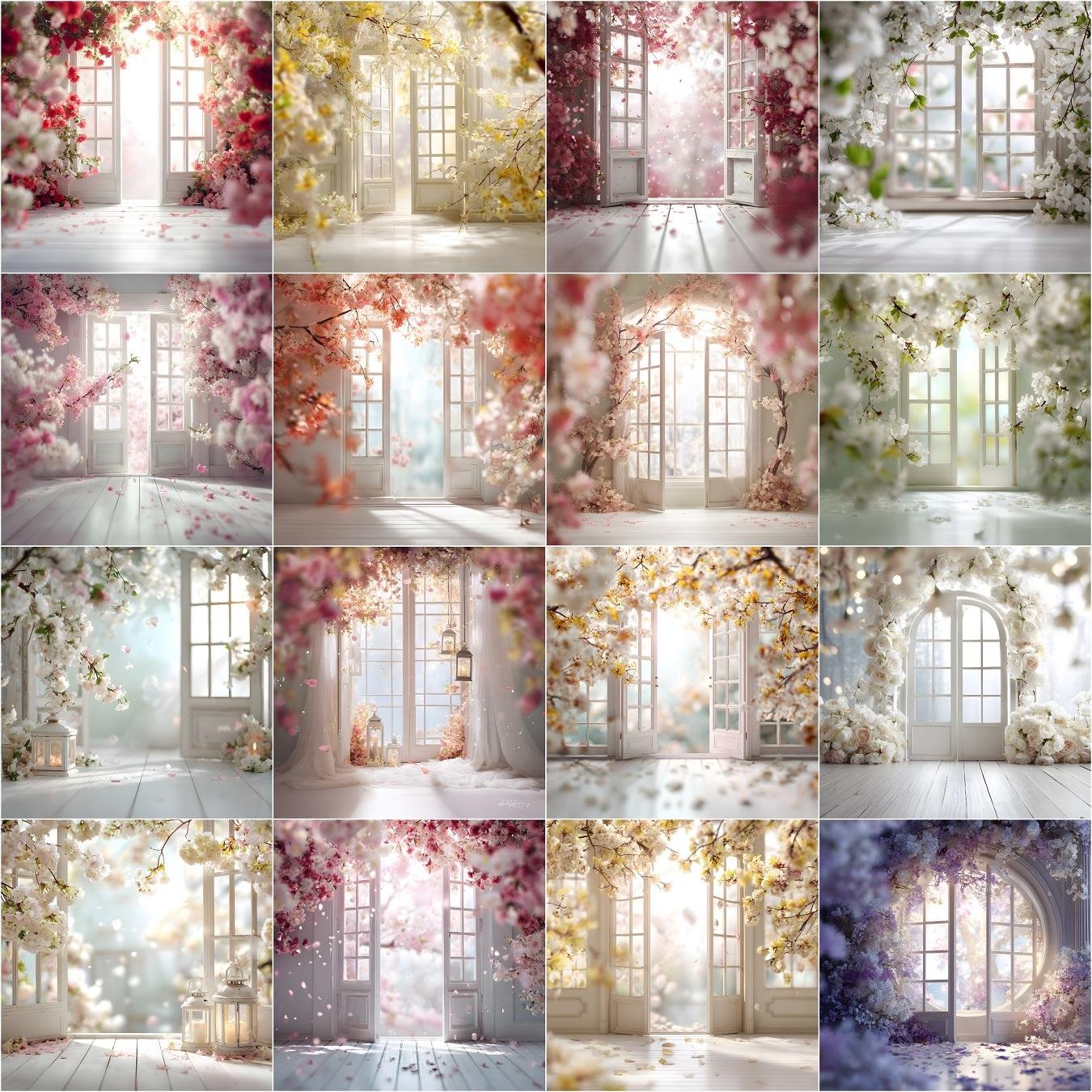 Backlit French doors digital backdrops bundle with 100 floral studio backgrounds and overlays, designed for maternity, wedding, and newborn photography portraits, instant digital download.