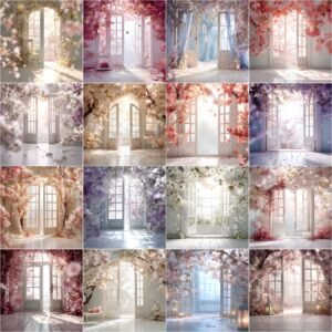 Backlit French doors digital backdrops bundle with 100 floral studio backgrounds and overlays, designed for maternity, wedding, and newborn photography portraits, instant digital download.