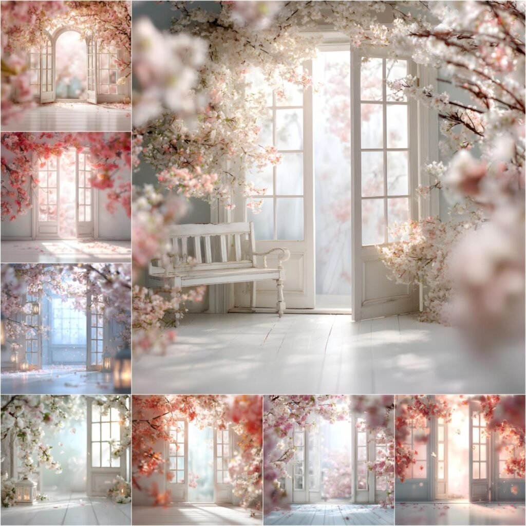 Backlit French doors digital backdrops bundle with 100 floral studio backgrounds and overlays, designed for maternity, wedding, and newborn photography portraits, instant digital download.
