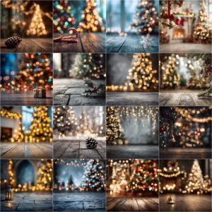 Christmas Tree Bokeh Digital Backdrop Bundle with 45 cozy holiday photography backgrounds, elegant studio floors, Christmas photo backdrops, winter backdrops, and Christmastime digital backgrounds for portraits and composites – instant digital download.