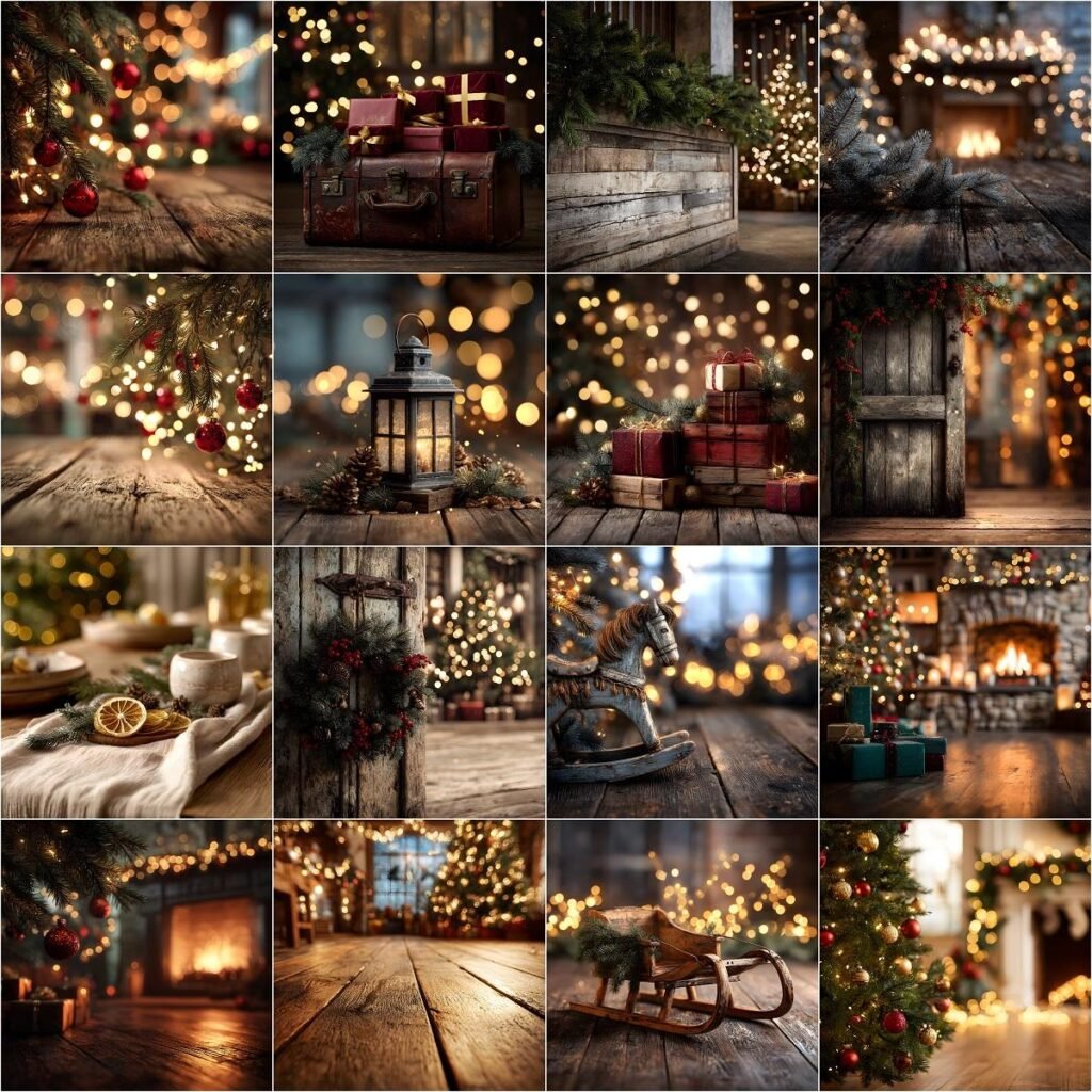 Christmas Bokeh Studio Digital Backgrounds Bundle — festive Christmastime photo overlays, cozy holiday photography backdrops, blurred lights for portraits and cards