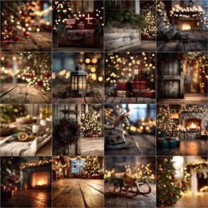 Christmas Bokeh Studio Digital Backgrounds Bundle — festive Christmastime photo overlays, cozy holiday photography backdrops, blurred lights for portraits and cards