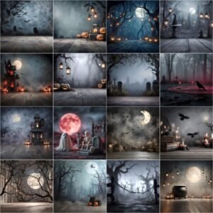 60 dark Halloween digital backdrops bundle featuring creepy haunted forests, eerie gothic graveyards, abandoned ruins, moody horror backgrounds, and spooky scary photo editing backdrops for Halloween photography and instant download.