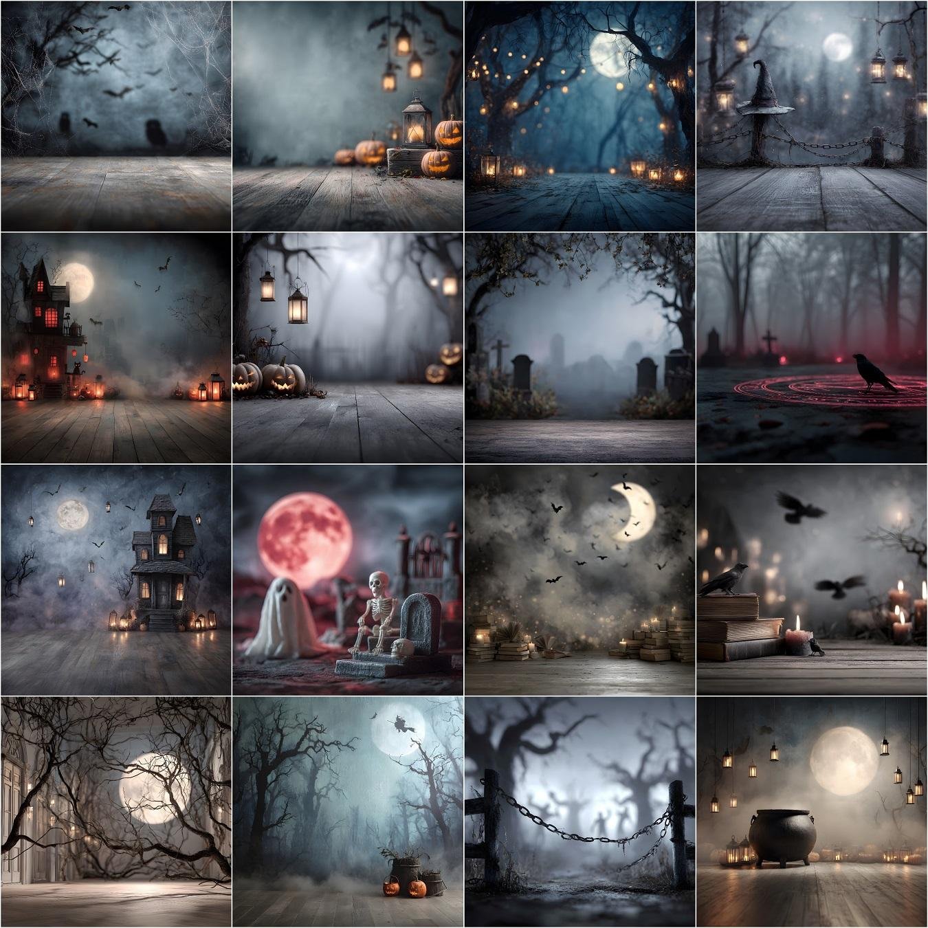 60 dark Halloween digital backdrops bundle featuring creepy haunted forests, eerie gothic graveyards, abandoned ruins, moody horror backgrounds, and spooky scary photo editing backdrops for Halloween photography and instant download.
