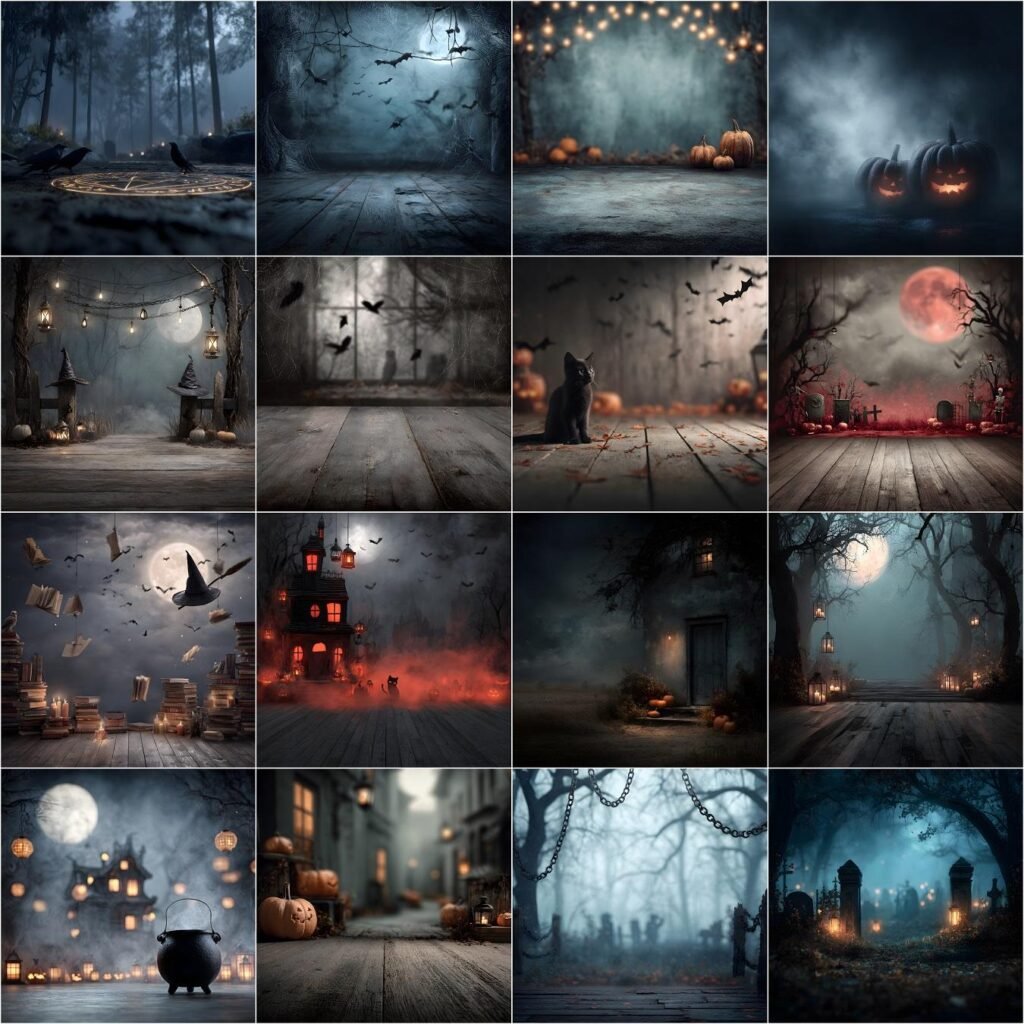 60 dark Halloween digital backdrops bundle featuring creepy haunted forests, eerie gothic graveyards, abandoned ruins, moody horror backgrounds, and spooky scary photo editing backdrops for Halloween photography and instant download.