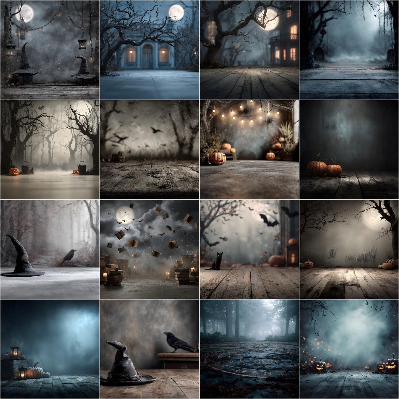 60 dark Halloween digital backdrops bundle featuring creepy haunted forests, eerie gothic graveyards, abandoned ruins, moody horror backgrounds, and spooky scary photo editing backdrops for Halloween photography and instant download.