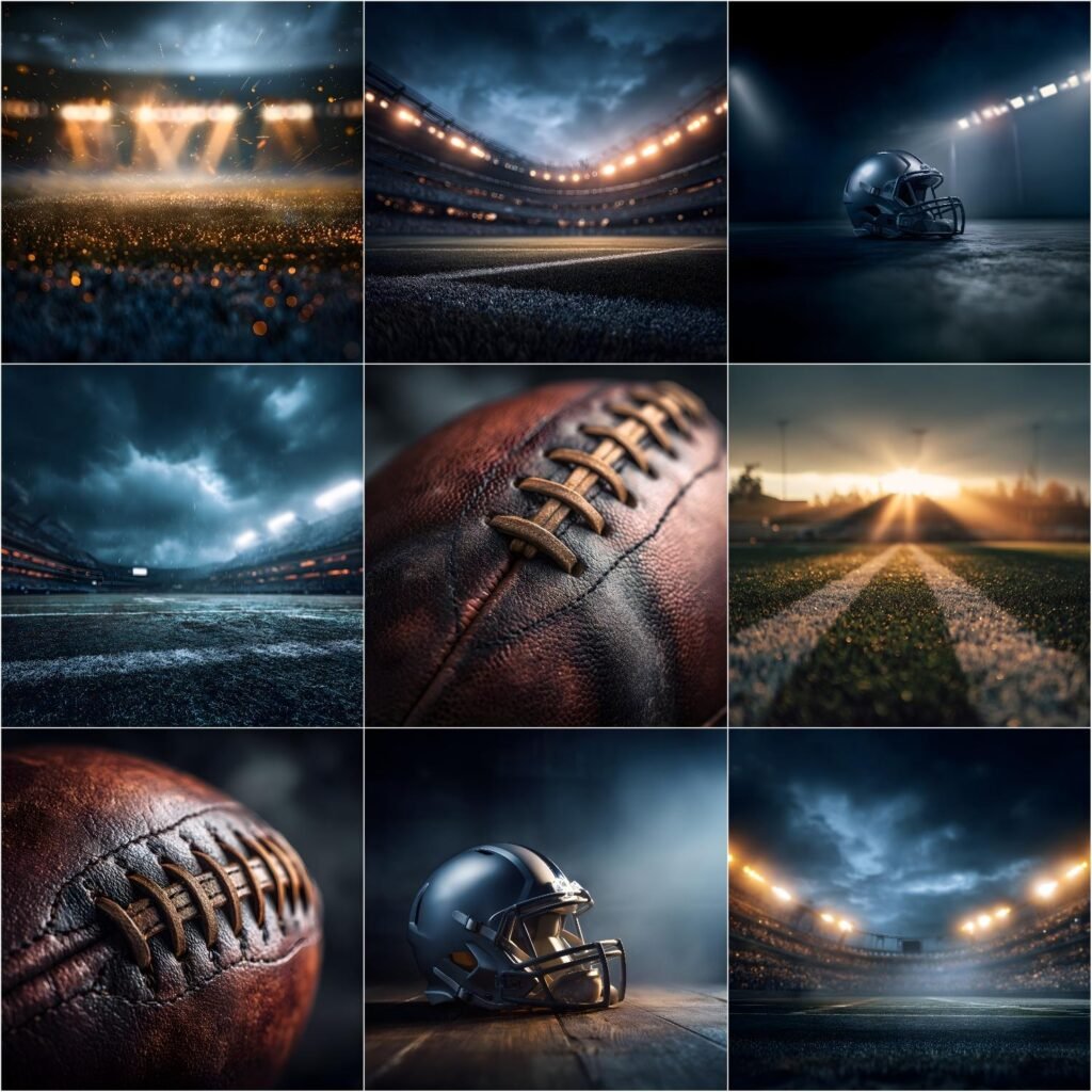 Free American football digital backdrop set featuring 9 high-quality sports backgrounds, including dramatic stadium lights, empty football fields, close-up textured footballs, and realistic helmets. Perfect for sports photography, portraits, poster design, digital artwork, and photo editing with cinematic lighting, depth of field, and epic atmosphere.