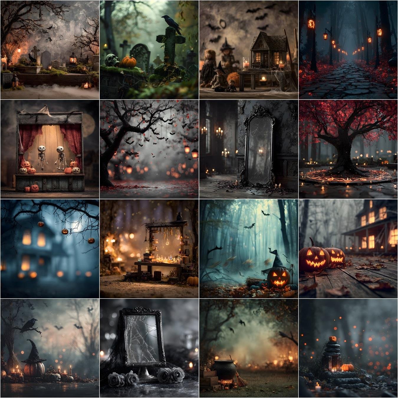100 Halloween digital backdrops bundle featuring spooky haunted forest scenes, eerie graveyards, gothic ruins, scary haunted houses, and dark moody Halloween photography backgrounds for photo editing, composites, and digital download.