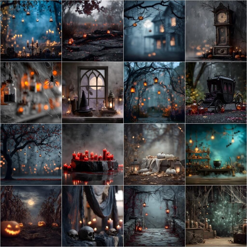 100 Halloween digital backdrops bundle featuring spooky haunted forest scenes, eerie graveyards, gothic ruins, scary haunted houses, and dark moody Halloween photography backgrounds for photo editing, composites, and digital download.