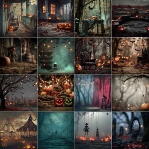 100 Halloween digital backdrops bundle featuring spooky haunted forest scenes, eerie graveyards, gothic ruins, scary haunted houses, and dark moody Halloween photography backgrounds for photo editing, composites, and digital download.