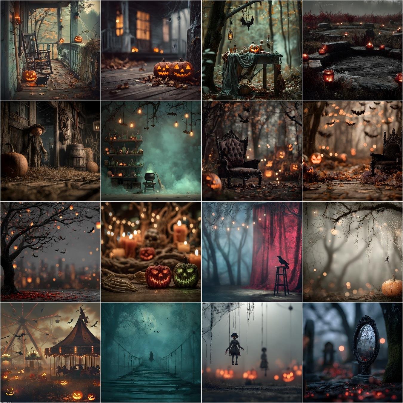 100 Halloween digital backdrops bundle featuring spooky haunted forest scenes, eerie graveyards, gothic ruins, scary haunted houses, and dark moody Halloween photography backgrounds for photo editing, composites, and digital download.