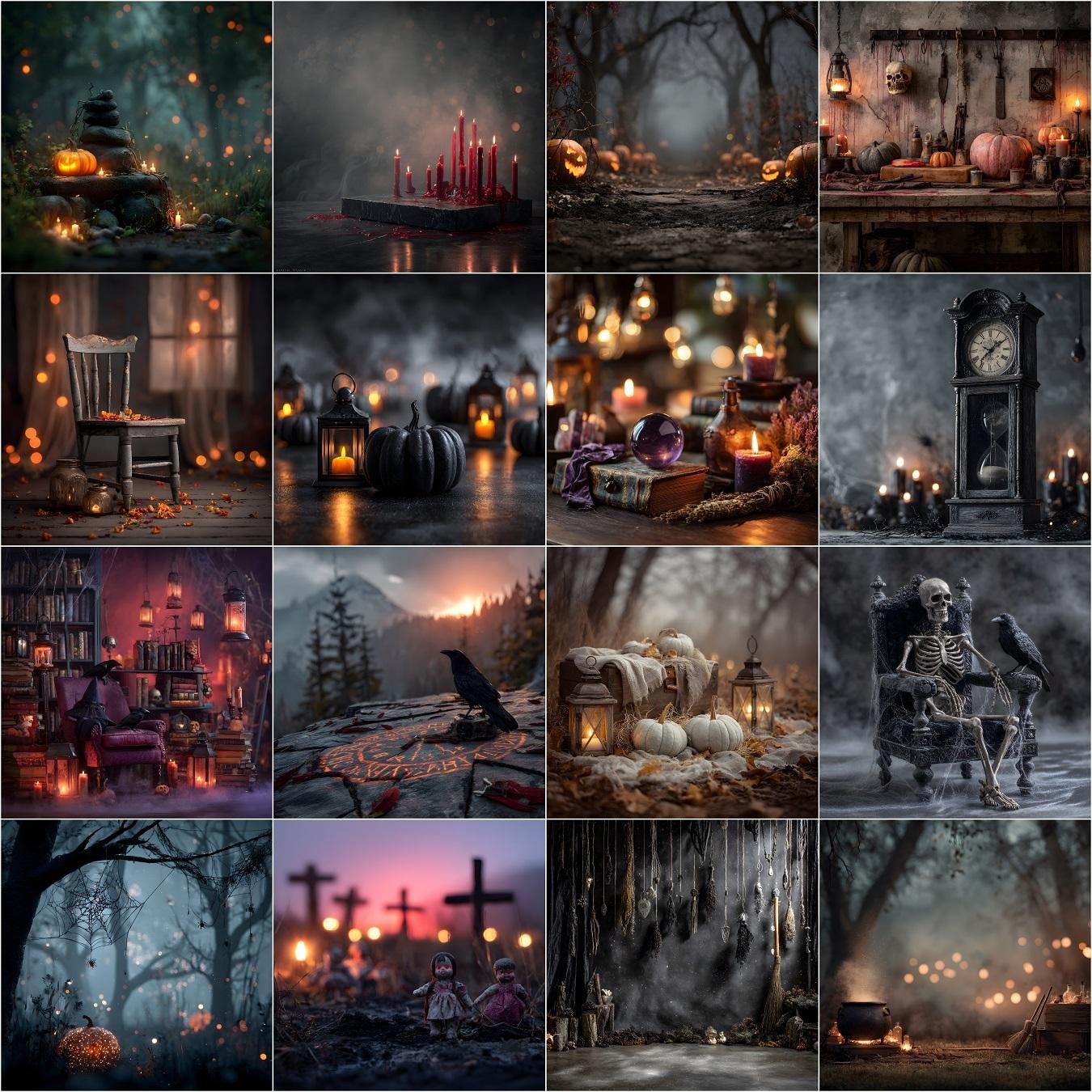 100 Halloween digital backdrops bundle featuring spooky haunted forest scenes, eerie graveyards, gothic ruins, scary haunted houses, and dark moody Halloween photography backgrounds for photo editing, composites, and digital download.