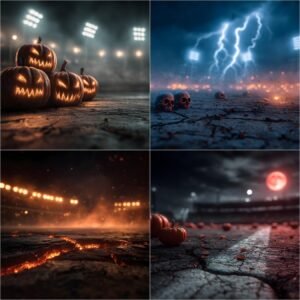 Dark, cinematic Halloween sports stadium backdrop collection featuring foggy stadium lights, an eerie sports arena with spooky atmosphere, and moody arena environments—8K ultra-detailed digital backgrounds ideal for athlete portrait composites, posters, banners, and digital design.