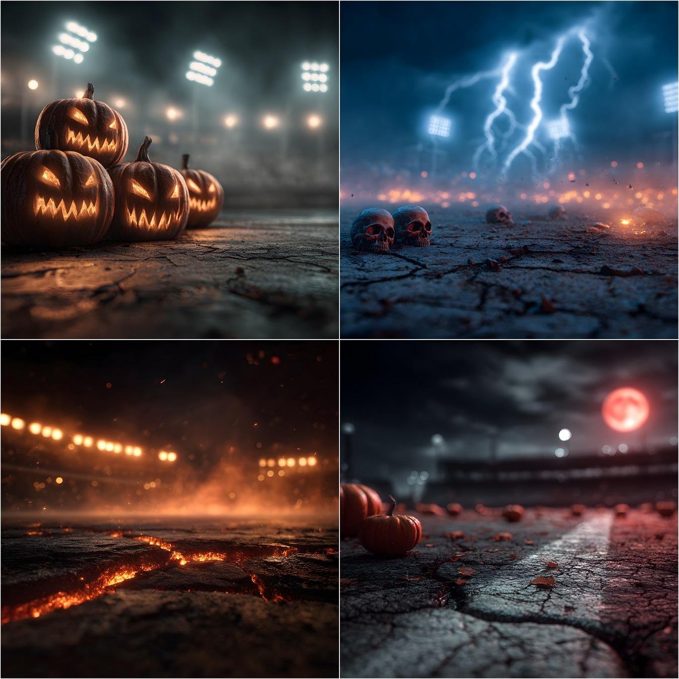 Dark, cinematic Halloween sports stadium backdrop collection featuring foggy stadium lights, an eerie sports arena with spooky atmosphere, and moody arena environments—8K ultra-detailed digital backgrounds ideal for athlete portrait composites, posters, banners, and digital design.