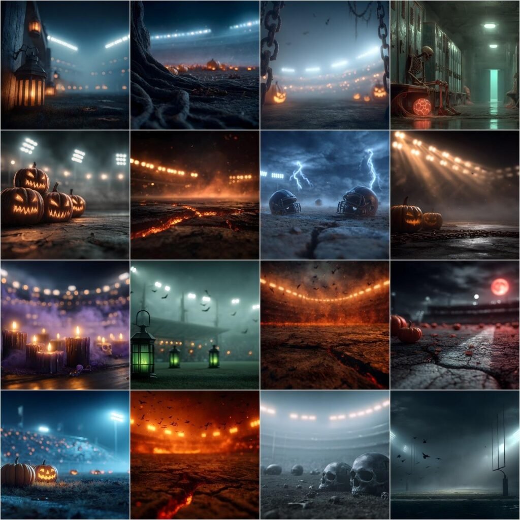 Dark, cinematic Halloween sports stadium backdrop collection featuring foggy stadium lights, an eerie sports arena with spooky atmosphere, and moody arena environments—8K ultra-detailed digital backgrounds ideal for athlete portrait composites, posters, banners, and digital design.