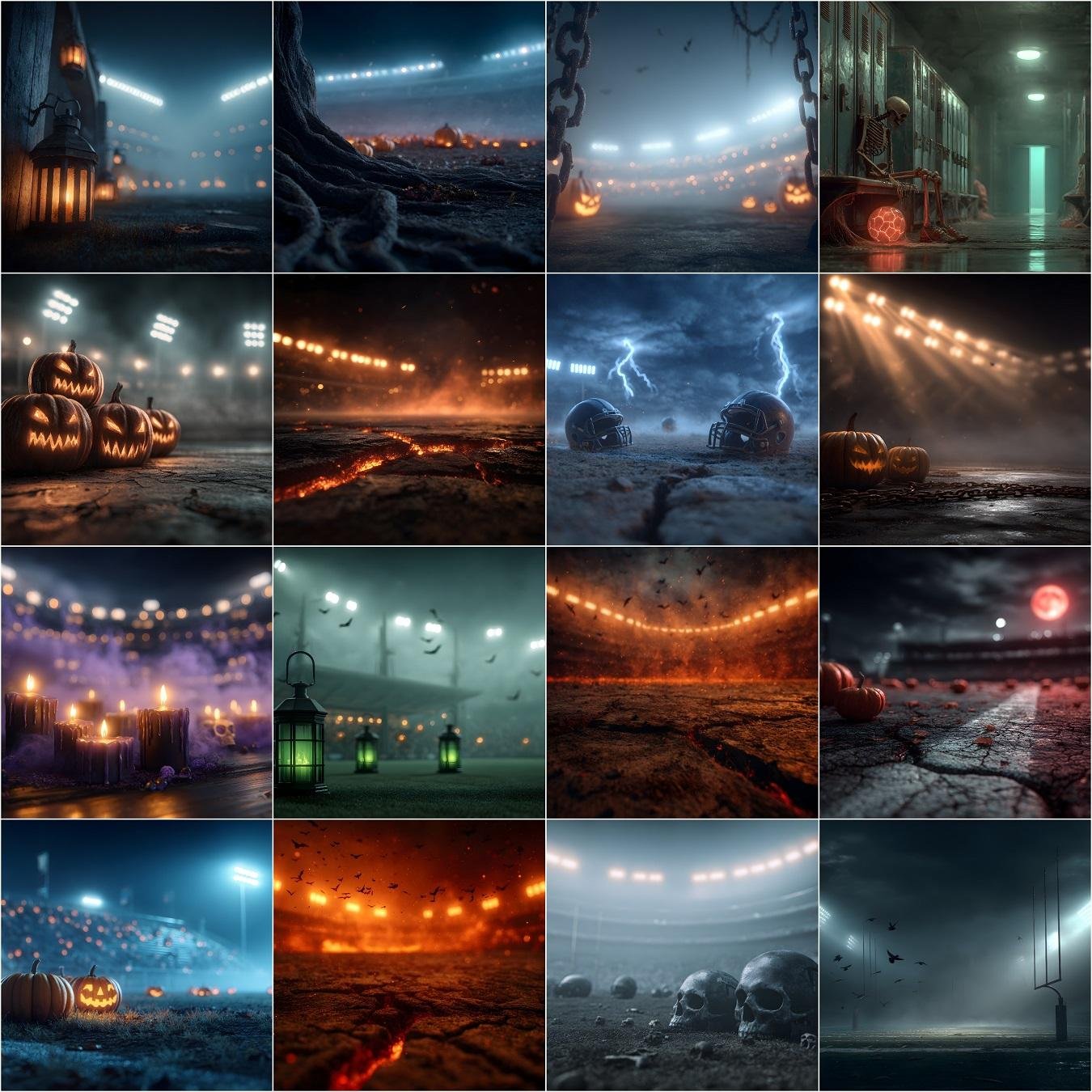 Dark, cinematic Halloween sports stadium backdrop collection featuring foggy stadium lights, an eerie sports arena with spooky atmosphere, and moody arena environments—8K ultra-detailed digital backgrounds ideal for athlete portrait composites, posters, banners, and digital design.