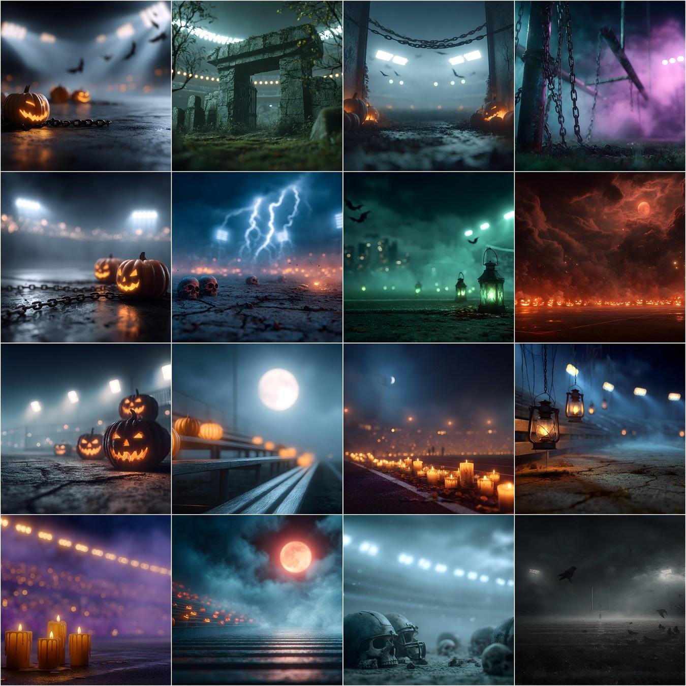 Dark, cinematic Halloween sports stadium backdrop collection featuring foggy stadium lights, an eerie sports arena with spooky atmosphere, and moody arena environments—8K ultra-detailed digital backgrounds ideal for athlete portrait composites, posters, banners, and digital design.