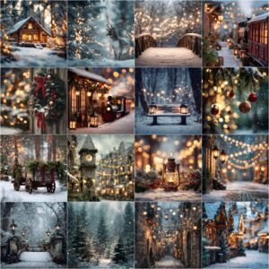 Christmas digital backdrops with snowy winter forest, pine trees, vintage holiday scenes, reindeer, horse cart, and festive lights.