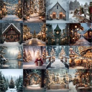 Christmas digital backdrops with snowy winter forest, pine trees, vintage holiday scenes, reindeer, horse cart, and festive lights.