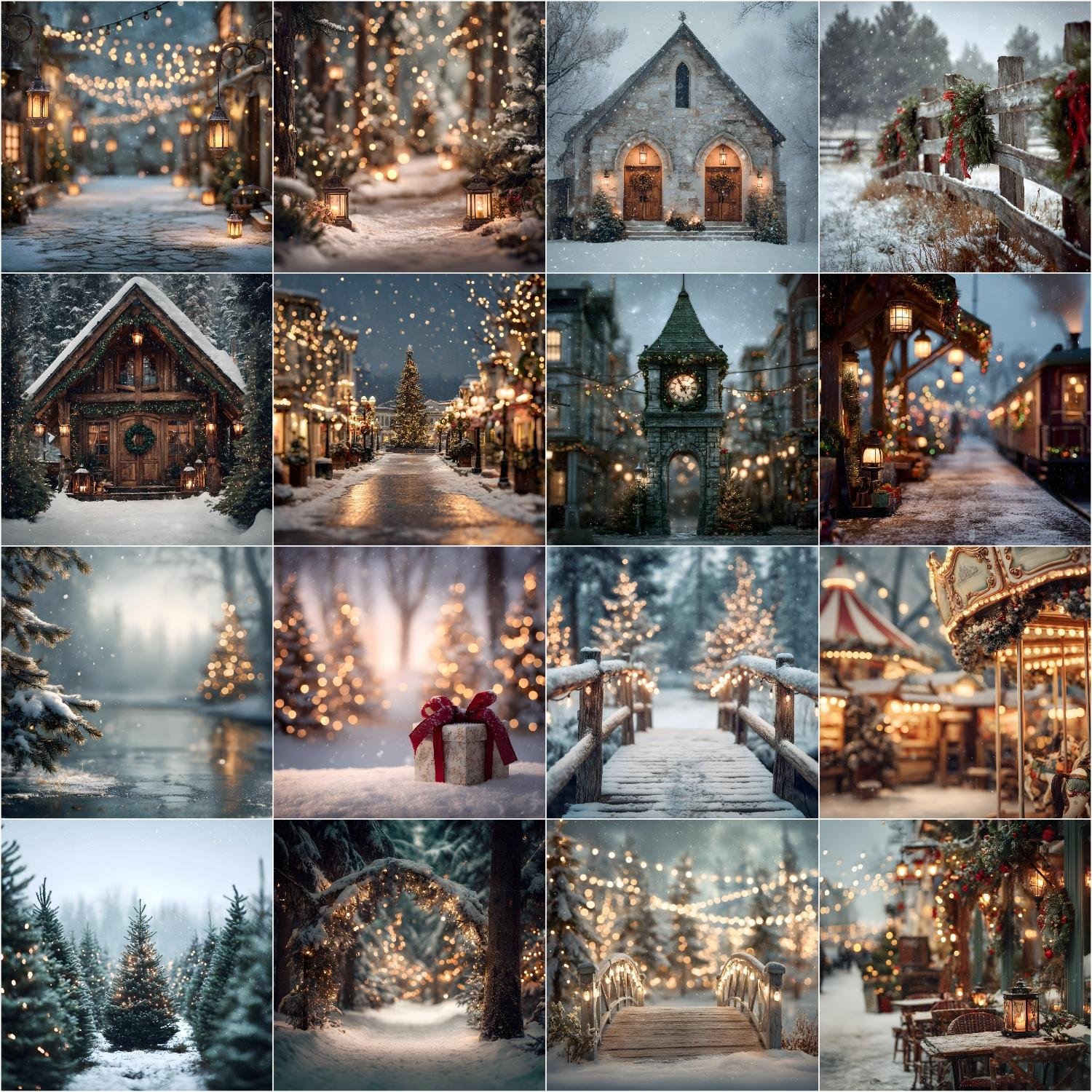 Christmas digital backdrops with snowy winter forest, pine trees, vintage holiday scenes, reindeer, horse cart, and festive lights.