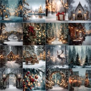Christmas digital backdrops with snowy winter forest, pine trees, vintage holiday scenes, reindeer, horse cart, and festive lights.