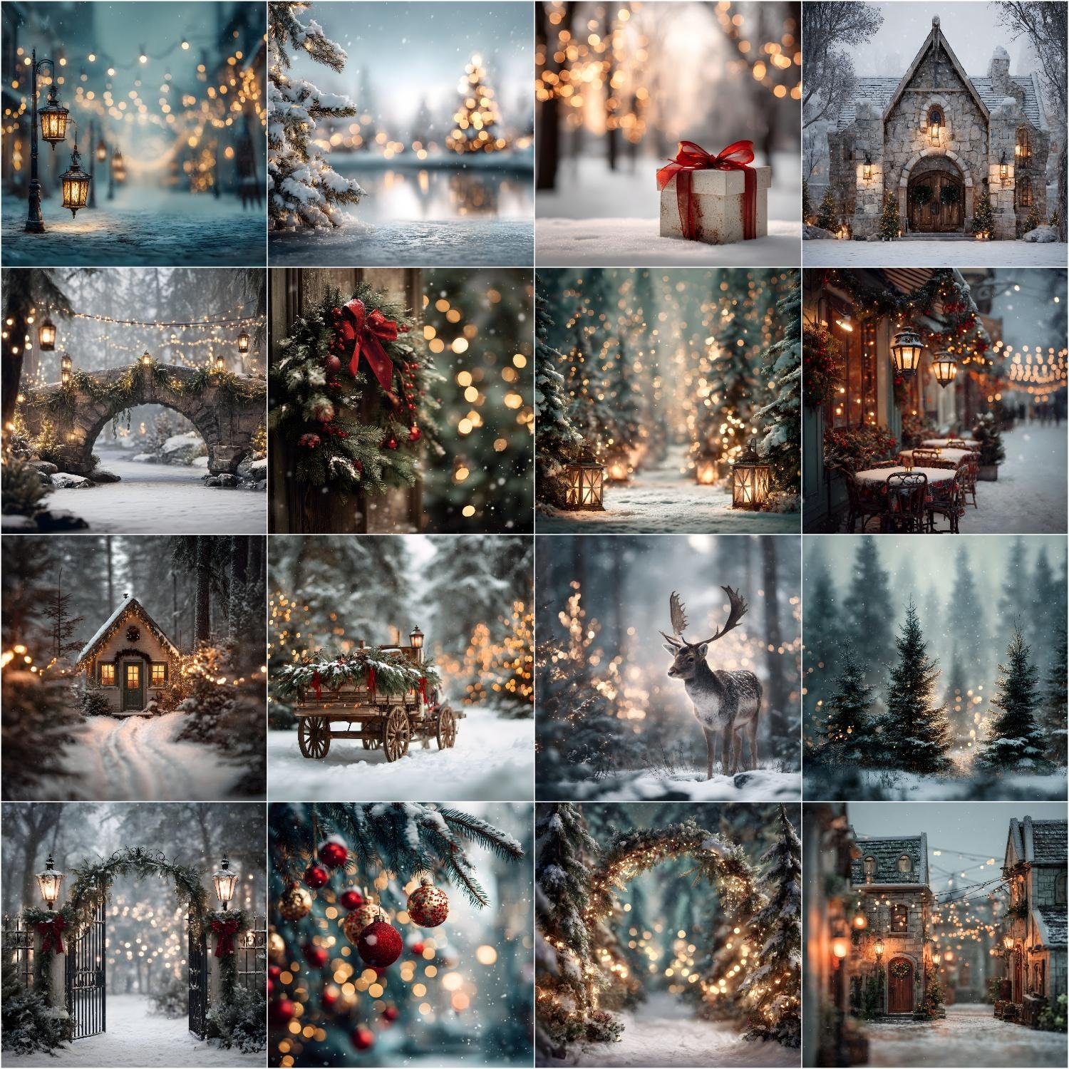 Christmas digital backdrops with snowy winter forest, pine trees, vintage holiday scenes, reindeer, horse cart, and festive lights.