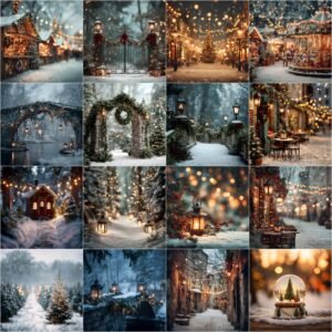 Christmas digital backdrops with snowy winter forest, pine trees, vintage holiday scenes, reindeer, horse cart, and festive lights.