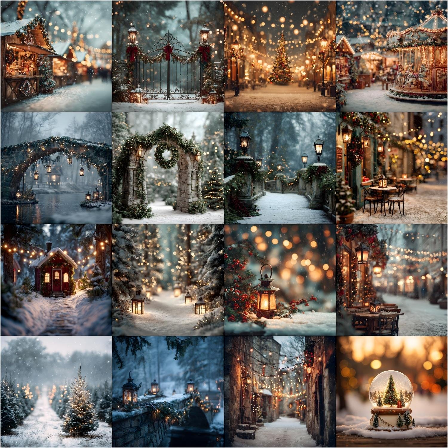 Christmas digital backdrops with snowy winter forest, pine trees, vintage holiday scenes, reindeer, horse cart, and festive lights.