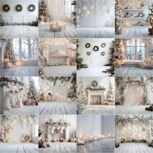 White Christmas digital backdrop bundle — 45 high-resolution studio backgrounds with white brick walls, white wooden floors, pine branch bokeh and fairy lights for holiday portraits.